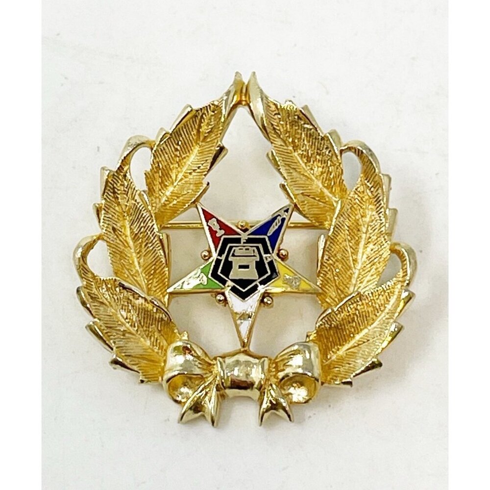Vintage Order of the Eastern Star OES Enamel Laurel Wreath Brooch Pin Gold Tone